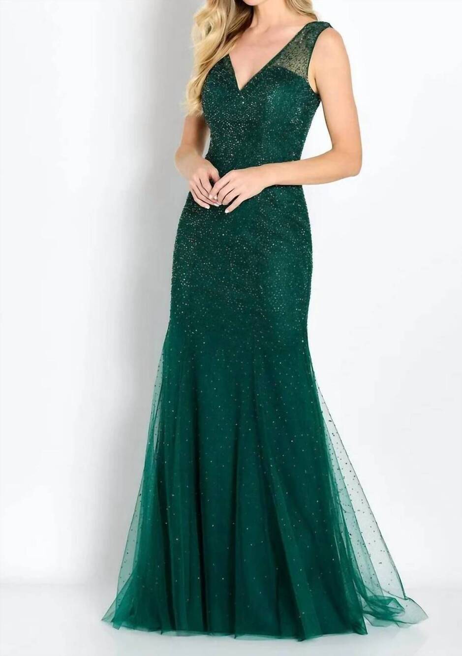 NEW CAMERON BLAKE embellished mermaid evening gown in emerald